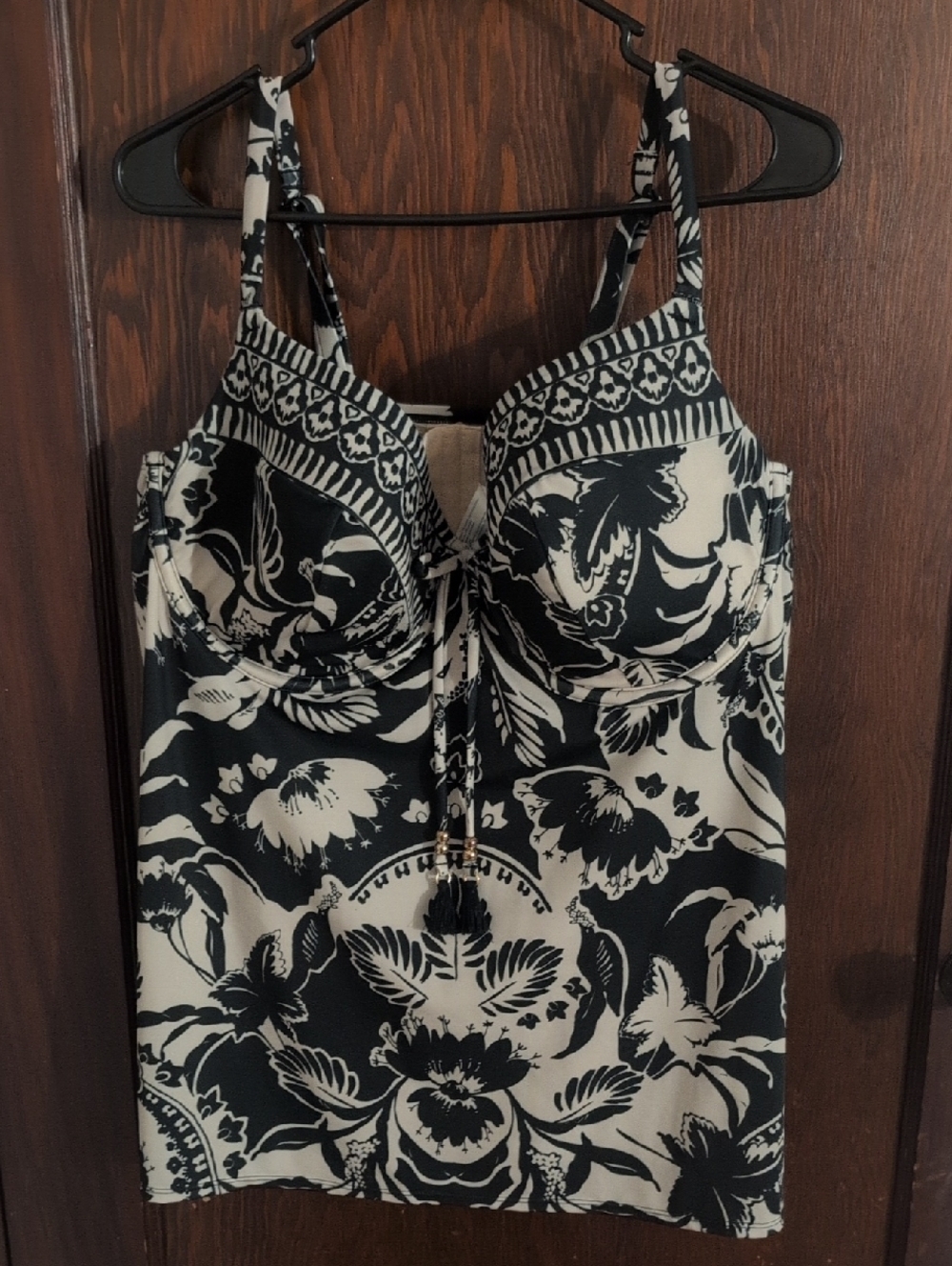 Cacique Black & Cream Patterned  Balconette Tankini Swim Top